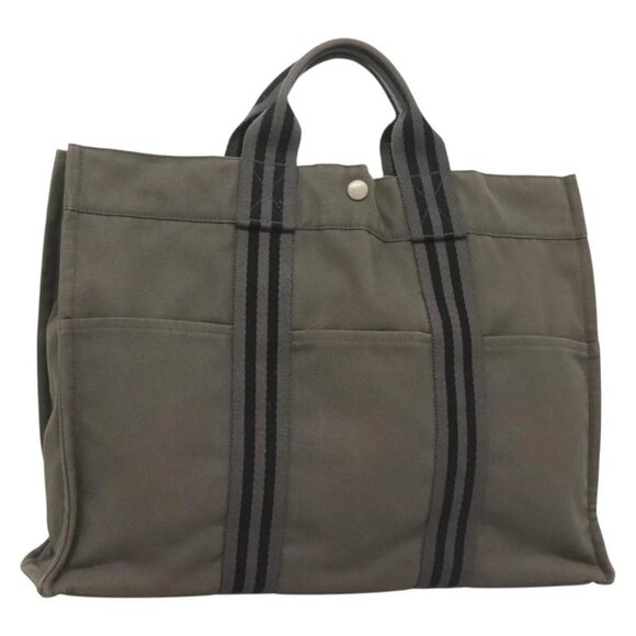 HERMES Fourre Tout MM Hand Bag Canvas Gray Silver - Picture 1 of 15